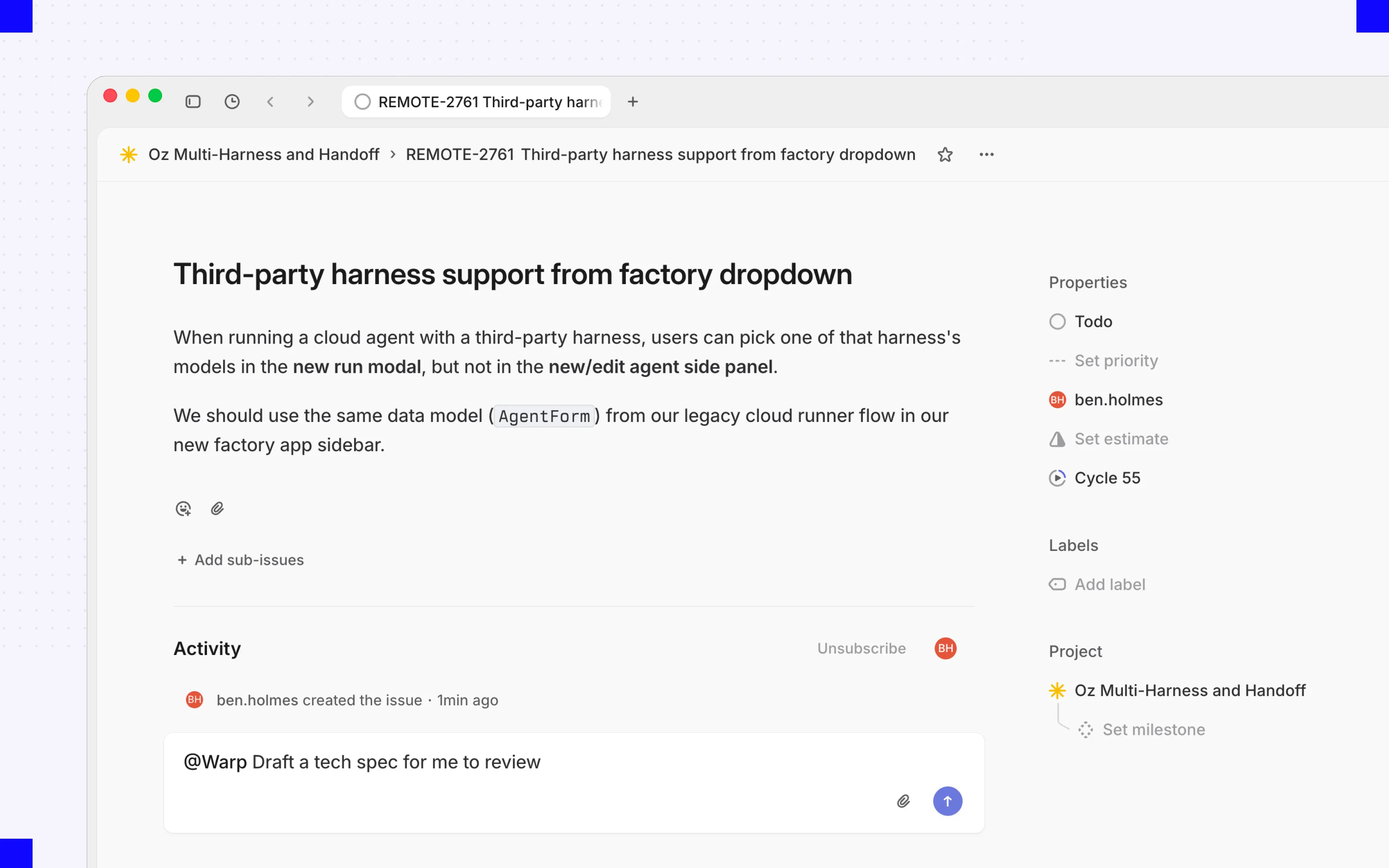 A Linear issue with a comment mentioning the Warp app to request a tech spec, which starts an agent session.